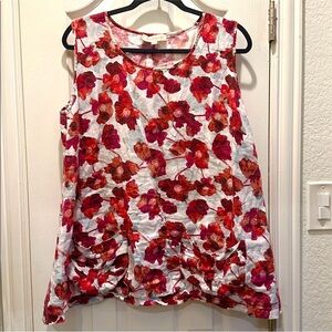 ISOLDE ROTH Floral Linen Pocket Tank Top Lagenlook Womens Sz 42 EU Red Poppy